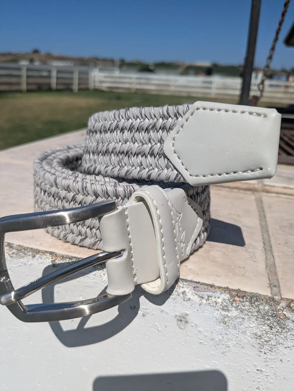 Greg Norman Collection Light Grey Woven Leather-Trim Belt